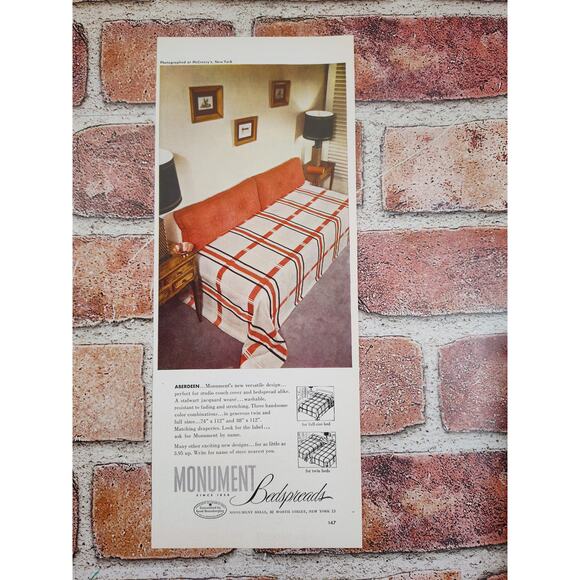 1950 Monument Bedspreads Oh So MCM Daybed Couch Plaid Orange Retro Vtg Print Ad - Picture 6 of 6